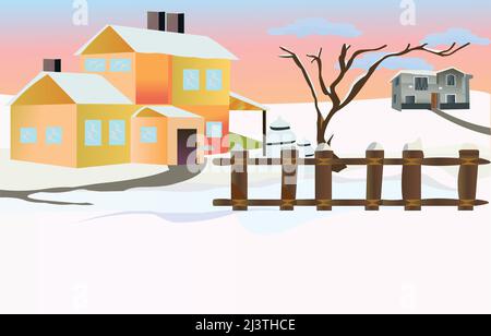 Snow landscape field area with houses vector artwork illustration. Stock Vector