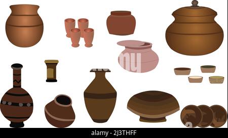 Collection of clay pots, glass and bottle Stock Vector