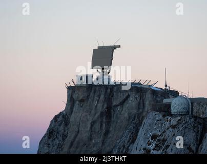 MIlitary radar antenna for aerial reconnaissance on top of mount Pilatus (Pilatus Kulm, alt. 2132m) in the Swiss alps. Stock Photo
