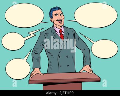 businessman speaker speaks on podium, training business school. Politician or preacher. Pop art retro vector illustration comic caricature 50s 60s sty Stock Vector