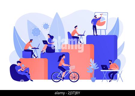 Office interior. People working in creative workspace on open space. Modern workplace, employee happiness, how to boost productivity concept. Pink cor Stock Vector