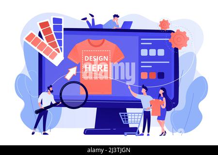 T-shirt print on demand services. Promotional apparel design. Merch clothing, custom merchandise products, merch design service concept. Pink coral bl Stock Vector