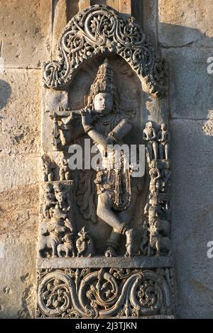 Stone Sculpture of Beautiful Female (Madanikas) with selective focus, 12th century Hindu temple, Ancient stone art and sculptures in each pillars, Che Stock Photo