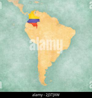Colombia (Colombian flag) on the map of South America. The Map is in vintage summer style and sunny mood. The map has a soft grunge and vintage atmosp Stock Photo