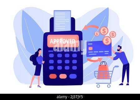 Money transfer. Financial services. POS terminal. Online shopping. Payment processing, easy payment systems, digital payment service concept. Pink cor Stock Vector