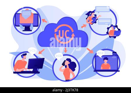 Communication integration. Collaboration service. Unified communication, unified communications platform, consistent unified user interface concept. P Stock Vector