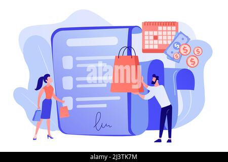 Installment purchase offer, shopping business, convenient customer service. Deferment of payment, net payment terms, buy now pay later concept. Pink c Stock Vector