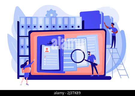 Organized archive. Searching files in database. Records management, records and information management, documents tracking system concept. Pink coral Stock Vector