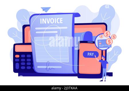 Money loan contract, e payment application, finances management. Payment terms, convenient contract payments, invoice payment terms concept. Pink cora Stock Vector