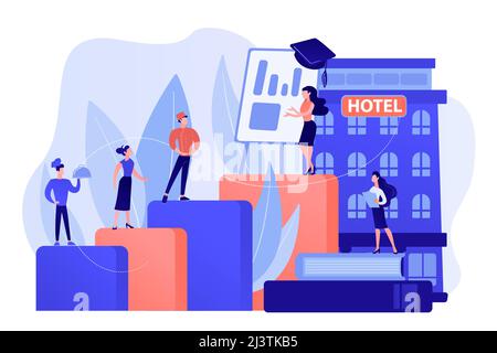 Hostel employee, chef, maid, and bell boy education. Hospitality courses, hospitality staff training, hotels industry training program concept. Pink c Stock Vector