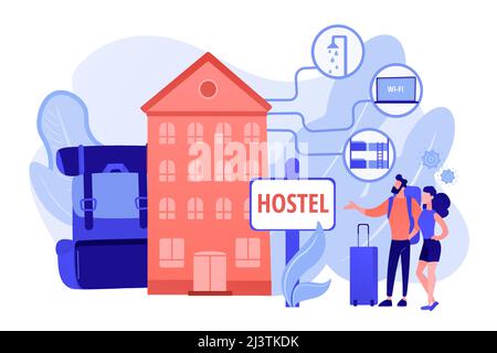 Cheap inn, affordable guesthouse. College dormitory, motel check in. Hostel services, lower priced accommodation, best hostel facilities concept. Pink Stock Vector