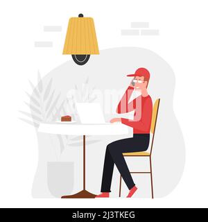 Businessman working at the cafe. Dessert break in the cafeteria, lunch time isolated illustration Stock Vector
