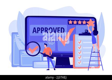 Approval mark. Product advantage. Rating and reviews. Meeting requirements. High quality sign, quality control sign, quality assurance sign concept. P Stock Vector