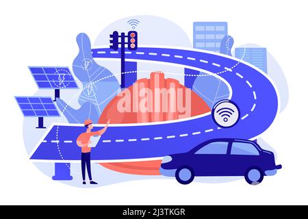Building engineer and smart road using sensors and solar energy. Smart roads construction, smart highway technology, IoT city technology concept. Pink Stock Vector