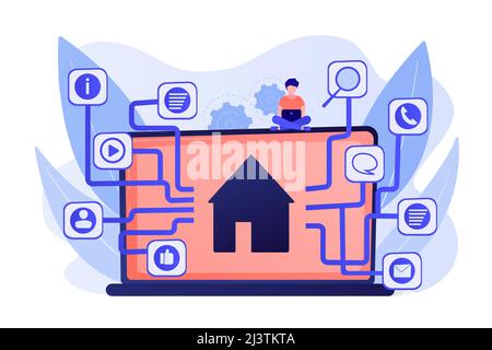Development service, smart house, IOT technology, network programming. Sitemap creation, website content model, site navigation map concept. Pink cora Stock Vector