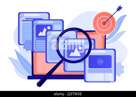 Search engine marketing business. Copywriting service, content management. Copy optimization, web text optimization, best SEO writing concept. Pink co Stock Vector