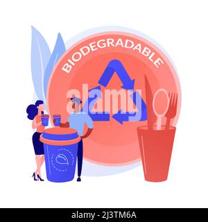 Biodegradable disposable tableware abstract concept vector illustration. Micro plastic free straws, biodegradable materials, plates and bowls, zero wa Stock Vector