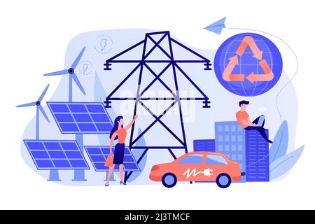 Business people use clean renewable electric energy in the city. Renewable energy, renewable power resources, rural energy services concept. Pinkish c Stock Vector