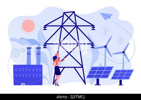 Engineer choosing power station with solar panels and wind turbines. Alternative energy, green energy technologies, eco-friendly energetics concept. P Stock Vector