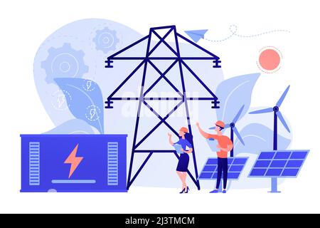 Battery energy storage from renewable solar and wind power station. Energy storage, energy collection methods, electrical power grid concept. Pinkish Stock Vector