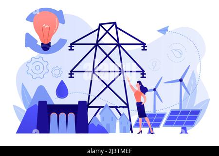 Scientist with sustainable development ideas solar panels, hydropower, wind. Sustainable energy, future-oriented energy, smart energy system concept. Stock Vector