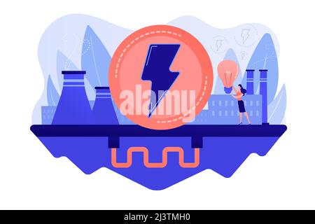 Eco friendly geothermal renewable energy plant and light bulb. Geothermal energy, renewable sources, enhanced geothermal system concept. Pinkish coral Stock Vector