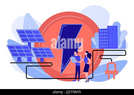 Businessmen use solar energy panels to produce electricity for the city. Solar energy, solar power plant, alternative source of electricity concept. P Stock Vector