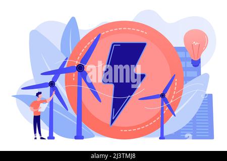 Engineer working with wind turbines producing green energy, light bulb. Wind power, renewable energy, green electricity supply concept. Pinkish coral Stock Vector