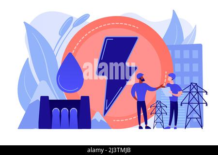 Engineers working at hydropower dam producing falling water energy. Hydropower electricity, water power, renewable sources concept. Pinkish coral blue Stock Vector