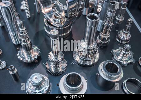 Various parts made on a milling machine for CNC metalworking. Stock Photo