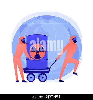 Radioactive barrels. People in protective suits with biological weapon. Chemical products. Poisonous substance, toxic casks, nuclear danger. Vector is Stock Vector