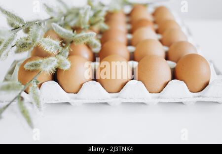Willow branches and eggs lie in a cardboard tray on a white backround. Stock Photo