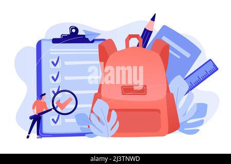 Clipboard with list to do, big school backpack, ruler and student with magnifier. Back to school checklist, list of stationery, school planner concept Stock Vector