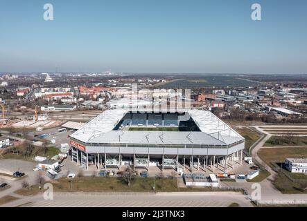 Magdeburg, Germany - March 2022: Aerial view on MDCC-Arena, home stadium of 1. FC Magdeburg Stock Photo