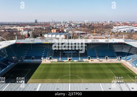 Magdeburg, Germany - March 2022: Aerial view on MDCC-Arena, home stadium of 1. FC Magdeburg Stock Photo
