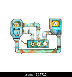 Pipes rusty old dirty in steampunk style, hand drawn watercolor drawing, steampunk doodle . Vector trace. Vector illustration Stock Vector