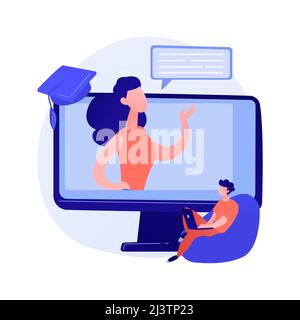 Online lecturing. Distance learning opportunities, self education, internet courses. E learning technologies. Woman watching video tutorial. Vector is Stock Vector