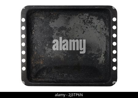 black old baking sheet isolated on white background, very old aged bakery tray, top view Stock Photo