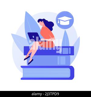 Clever man, student standing on books stack with flag. Self learning, personal improvement, knowledge obtaining. Educational achievement. Vector isola Stock Vector