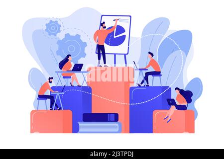Employees with laptops learning at professional trainig. Internal education, employee education, professional development program concept. Pinkish cor Stock Vector