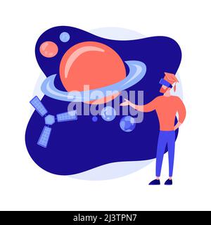 Virtual reality space exploration. Innovative education technology, modern entertainment, immersive experience. Man in VR headset observing cosmos. Ve Stock Vector