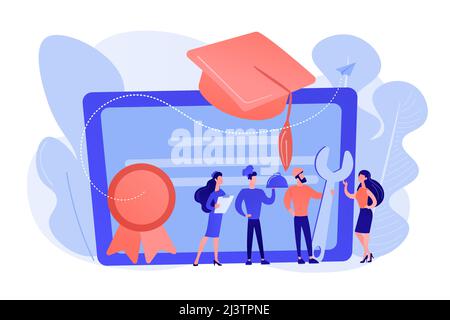 Vocational specialists graduating and diploma with graduation cap. Vocational education, professional learning, online vocational education concept. P Stock Vector