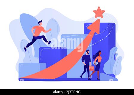 Successful businessman running up the career stairs and rising arrow to a star. Career growth, careerbuilder, career development concept. Pinkish cora Stock Vector