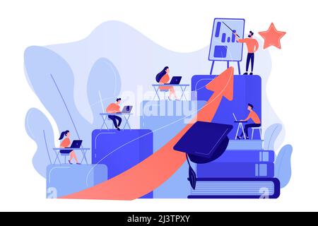 Qualification increase course, skills improvement coaching. Professional development, school authority initiative, training for teachers concept. Pink Stock Vector