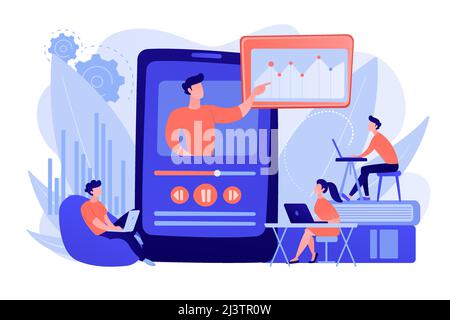 Students watching online training video with teacher and chart on tablet. Online teaching, share your knowledge, english teacher online concept. Pinki Stock Vector