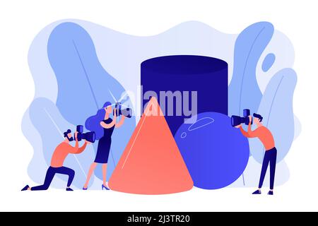 Students at workshop practicing taking photos of geometric objects. Photography workshop, post-processing workshop, photo portfolio creation concept. Stock Vector