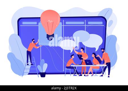 Managers at workshop training manager skills and brainstorming at board. Managers workshop, supervisors course, management skills training concept. Pi Stock Vector