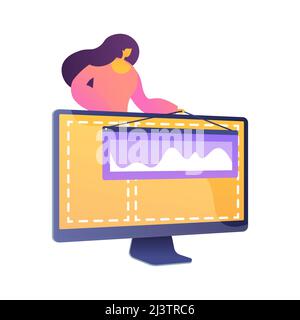 Web design and content creating. Landing page, website, homepage creating design element. Female graphics designer, developer flat character. Vector i Stock Vector