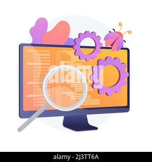 Bug fixing and software testing. Computer virus searching tool. Devops, web optimization, antivirus app. Magnifier, cogwheel and monitor design elemen Stock Vector