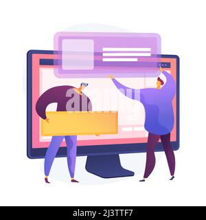 Website interface development planning. Devops team flat characters working. UI, UX, content design. Computer software creation and web development. V Stock Vector